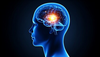 A cinematic profile view of a stylized, translucent human head with a glowing brain, illustrating a neurological impulse or a creative spark.