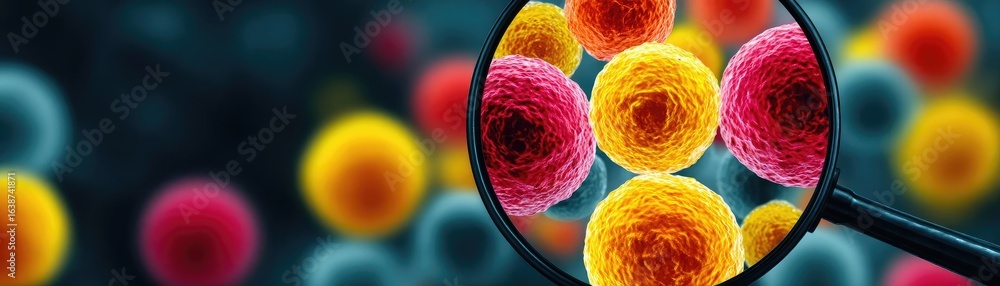 Poster puffy bloating around tissues and look concept. magnified view of colorful cells under a microscope.