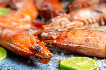 Grilled prawns with lime and spices creating delicious seafood dish