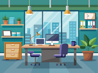Modern office interior with furniture and bookshelves for work and decoration