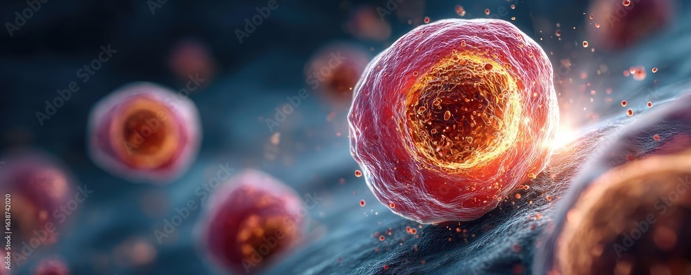 Poster puffy bloating around tissues and look concept. close-up view of vibrant cells under a microscope.