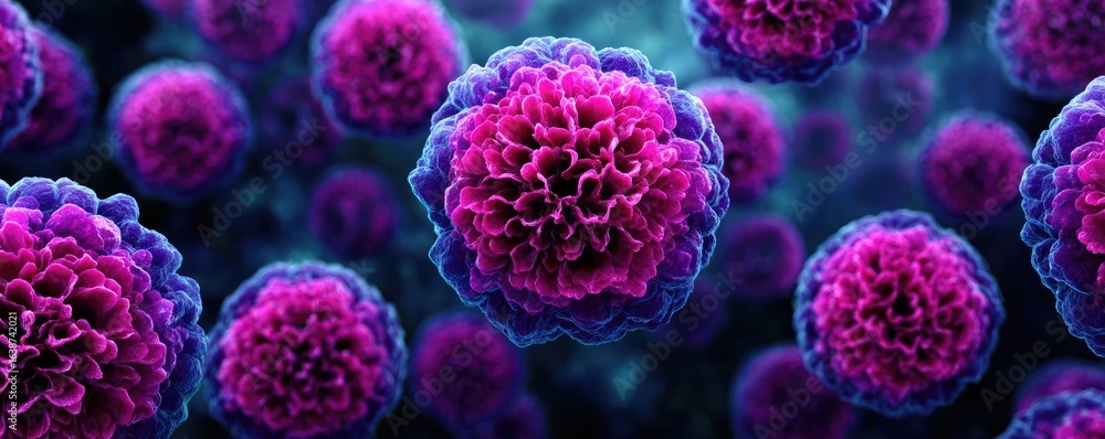 Poster puffy bloating around tissues and look concept. colorful microscopic view of viruses under a microsc