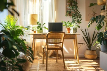 Fototapeta premium Modern dining room interior with wooden table and stylish chairs decorated with flowers and a window view