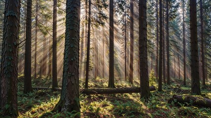 Fototapeta premium Morning Mist: Sunbeams in a Pine Forest