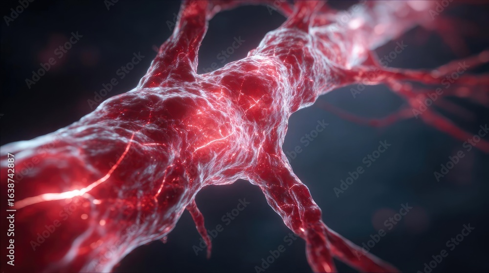 Poster puffy bloating around tissues and look concept. close-up view of a glowing neural network structure.