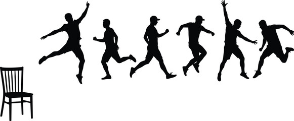 Silhouettes of man running and jumping over chair, dynamic movement, action sequence, athletic performance, sports, agility, energy, fitness, obstacle challenge