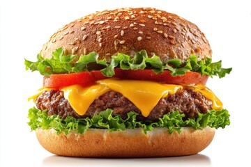 Close-up of a cheeseburger.  Freshly made, appetizing, and stacked high with melted cheese, lettuce, and tomato