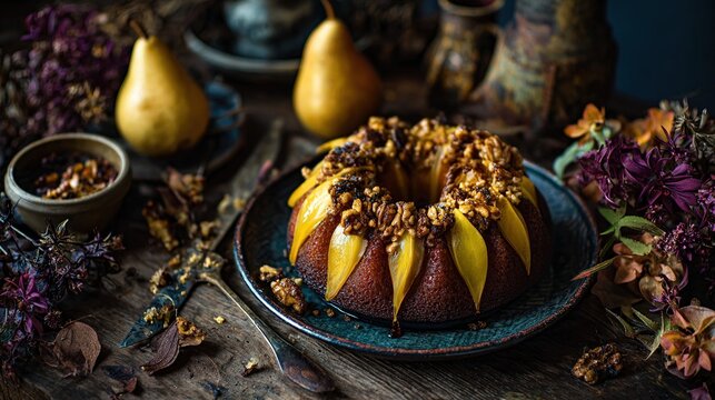 A rustic still life shows a ring cake adorned with pear slices & nuts on a plate with fruit, flowers, & jars