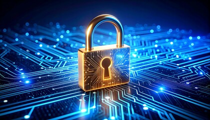 Cinematic macro view of a secure golden padlock on a futuristic glowing circuit board, symbolizing data encryption and network protection.