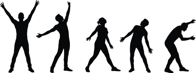 Silhouettes of people dancing and posing in expressive movements, energetic body language, performance, celebration, freedom, joy, modern dance, artistic expression