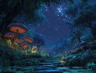 Mystical forest path at night, glowing fungi