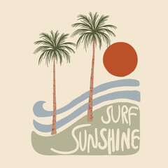 Surf and sunshine summer vector graphics. minimal simpole vector palm tree waves and sun. beach vector