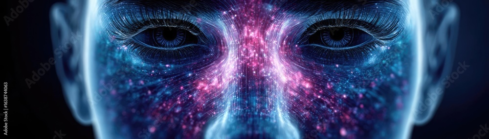 Poster swollen sinuses with tissues and look concept. futuristic digital face embodying advanced ai concept