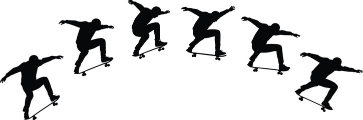 Silhouettes of skateboarder performing jump trick, extreme sport action, skateboarding sequence, athlete in motion, balance, skill, stunt, outdoor recreation, urban style