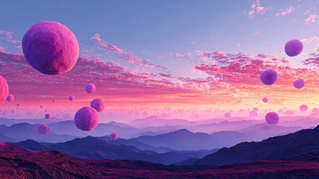 Puffy puffiness with circles and look concept. Surreal landscape featuring vivid colors and floating spheres.