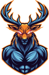 Vector illustration of a furious stag mascot with a powerful muscular body and glowing eyes, a symbol of strength and aggression for an esports logo.