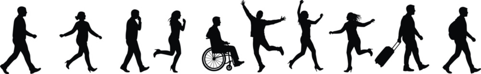 Silhouettes of people walking, running, jumping, traveling with luggage, using wheelchair, active lifestyle, urban movement, diversity, modern city life, daily activities