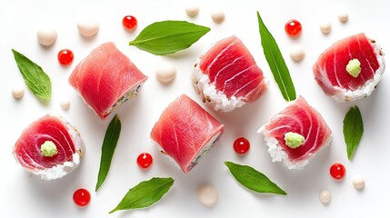 Tuna rolls with green leaf, cream drops, and red dots on white background