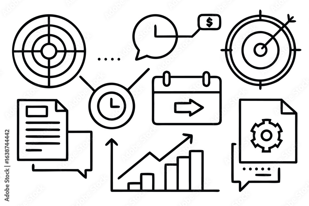 Poster business icons target clock calendar graph document chat money and gears vector
