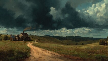 A rural landscape under a dramatic sky. A dirt road winds through a grassy valley, leading to a farmhouse. Dark storm clouds gather above, casting a somber light.