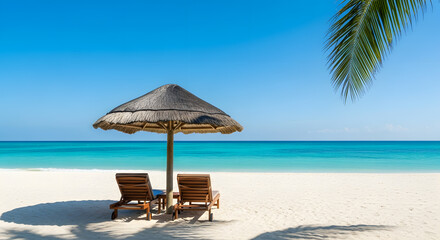 Obraz premium Sun-Drenched Tropical Beach: Wooden Lounge Chairs under Thatched Umbrella on Turquoise Shore
