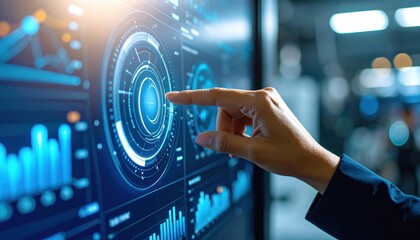 Hand Touching Futuristic Data Display Screen