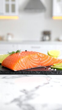 Fresh salmon fillet on a slate board.