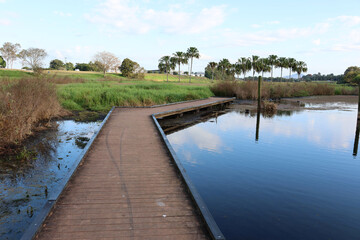 Boardwalk path stretching over a lake of water at the Mackay Regional Botanic Gardens in Queensland, Australia