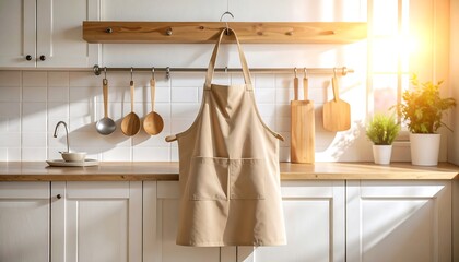 A bright and modern kitchen interior with a beige apron hanging on a rail, illuminated by warm morning sunlight from a window.