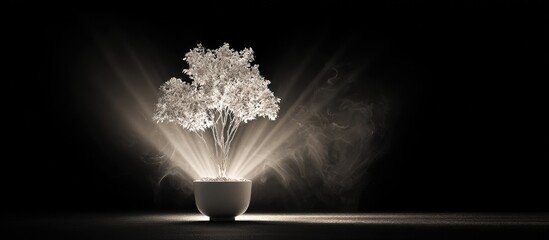 Illuminated bonsai in a ceramic pot, bathed in light