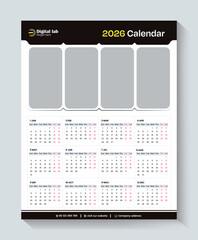 Calendar 2026, calendar 2026 week start Sunday corporate design template vector. wall calendar 2026, 2026 calendar design