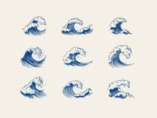 Nine detailed illustrations of ocean waves, in a muted blue ink style.  Each wave varies in form, some with spray or crest detail