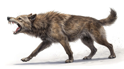 Fototapeta premium Aggressive dog baring teeth, tense body, realistic full view, on white.