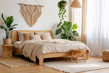 This bedroom features a wooden bed frame, soft beige bedding, and green plants, creating a serene and inviting atmosphere in natural light. Generative AI.