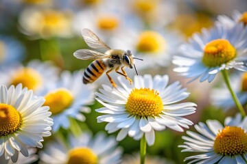 Obraz premium Honeybee Landing on a Daisy Flower in a Field of White and Yellow Blooms