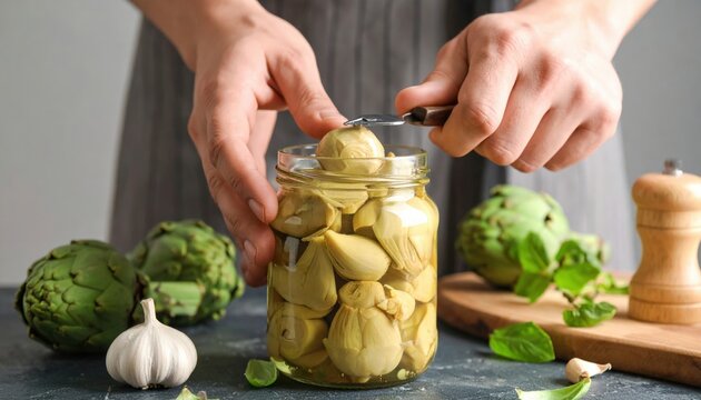 Hands Opening Jar Of Preserved Artichoke