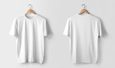 Two blank white t-shirts on hangers, front and back views, against a white background