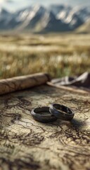 Two dark rings rest on an ancient map, nestled in a grassy landscape with snow-capped mountains in the background