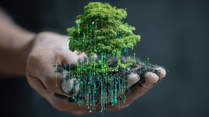 Hand holding a small tree with glowing digital data lines, symbolizing the integration of eco-friendly technologies and environmental sustainability. Concept of green energy for the future
