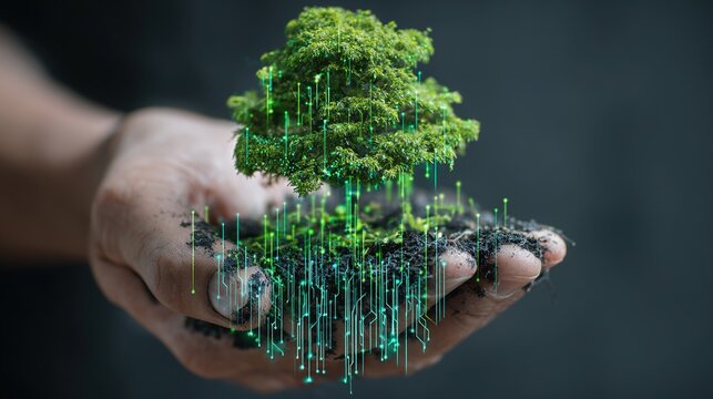 Hand holding a small tree with glowing digital data lines, symbolizing the integration of eco-friendly technologies and environmental sustainability. Concept of green energy for the future