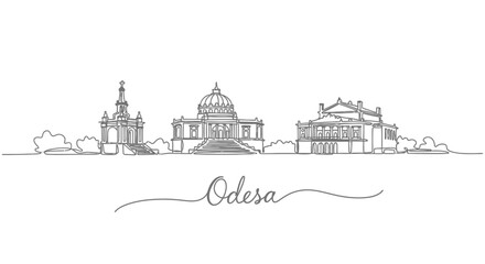 Fototapeta premium Odessa Ukraine Skyline Line Art Illustration Travel.