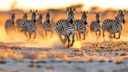 Obraz premium A breathtaking image of zebras running at sunset.