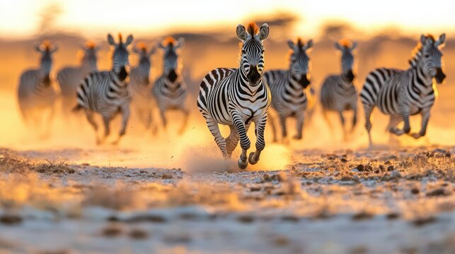 A breathtaking image of zebras running at sunset.