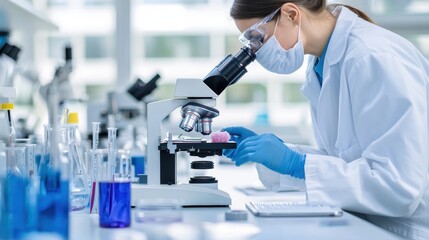 A focused scientist meticulously examines a sample under a microscope.