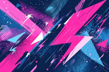 Abstract graphic design with vibrant pink, blue, and white elements.  Dynamic streaks and shapes intersect on a dark background