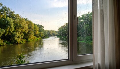 Obraz premium Rainy Day View From Window To River And Forest