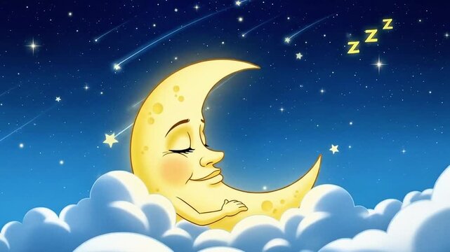 Sleeping moon in the night sky among the clouds and shooting stars