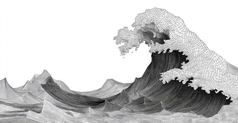Monochrome wave graphic,  detailed with a  complex mesh structure.  Grey and white, with a  powerful, surging wave form