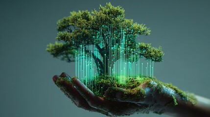 Hand holding a small tree with glowing digital data lines, symbolizing the integration of eco-friendly technologies and environmental sustainability. Concept of green energy for the future