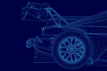 Blueprint of a race car displayed on a blue background, featuring detailed wireframe design with aerodynamic contours and technical specifications. The sporty vehicle showcases precise engineering.